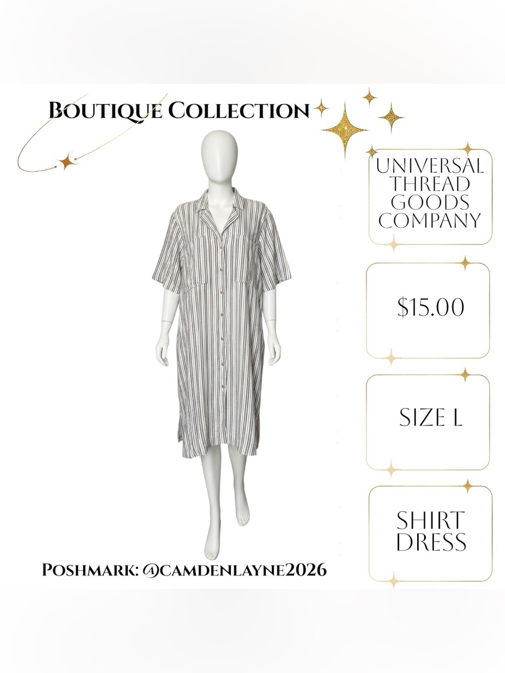Universal Thread Striped Shirt Midi Dress in Cream and Tan - Picture 4 of 9